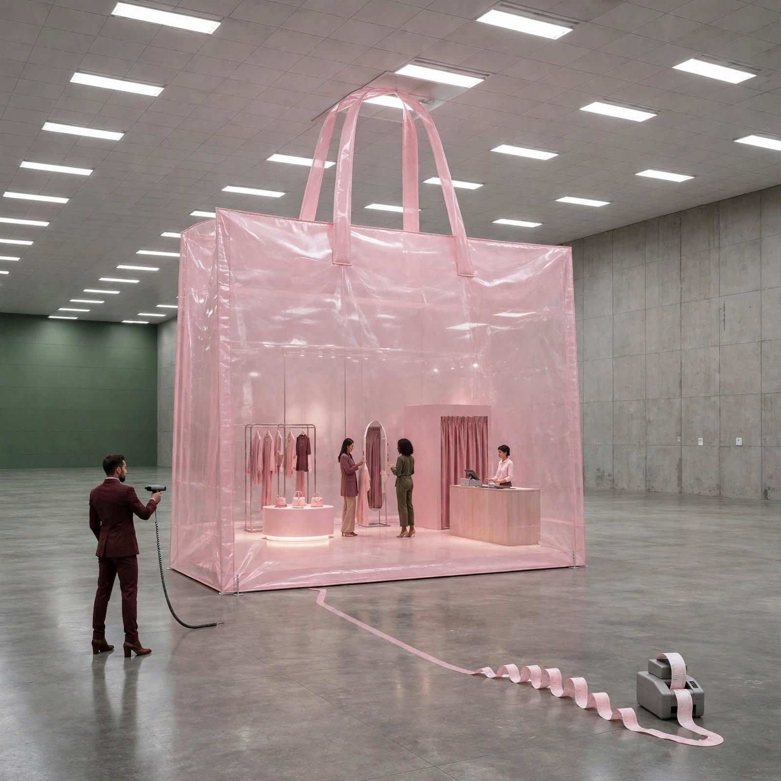 Pop-up comercial inmersivo en forma de bolsa rosa