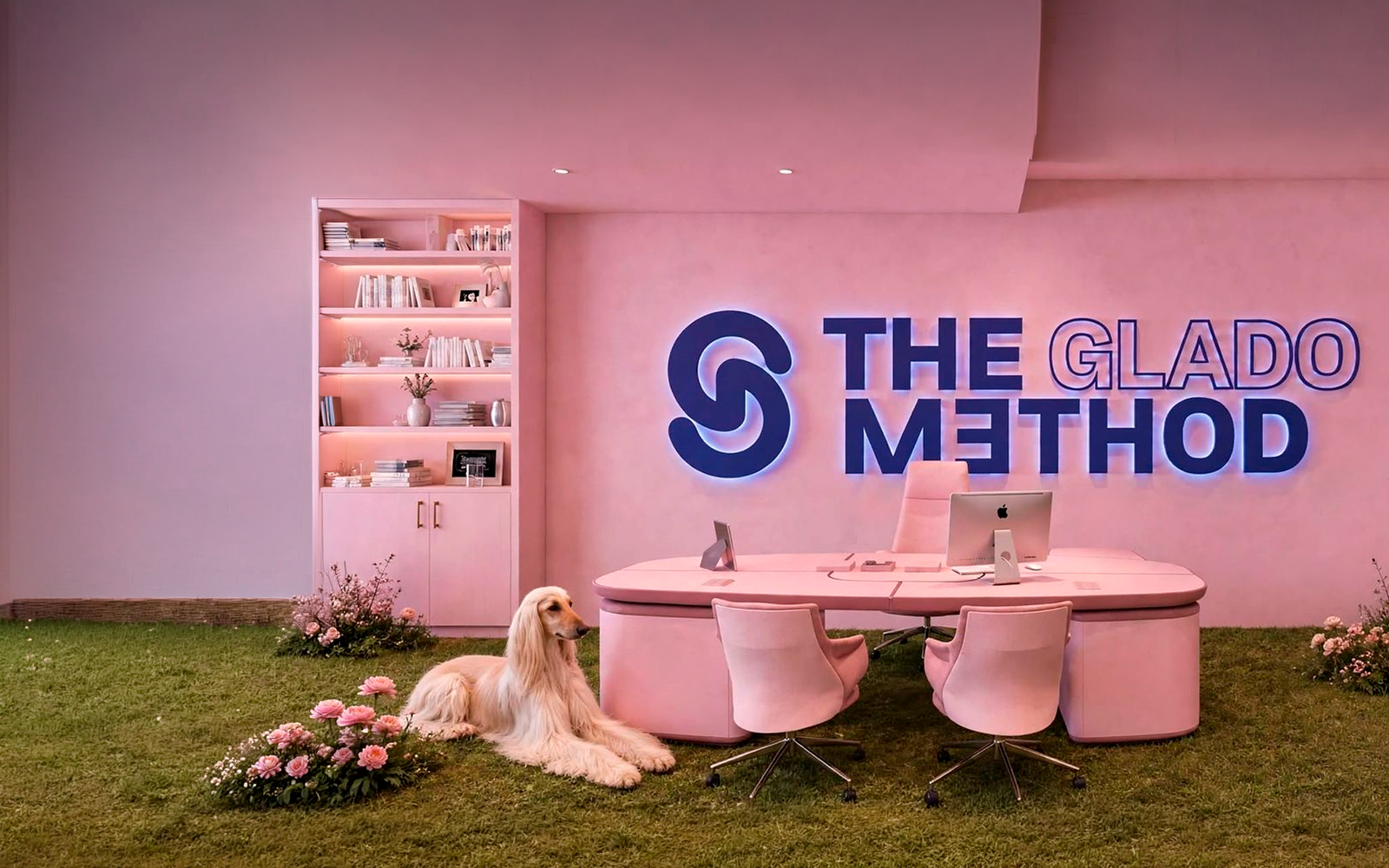 Oficina rosa de The Glado Method con el nombre de la firma al fondo