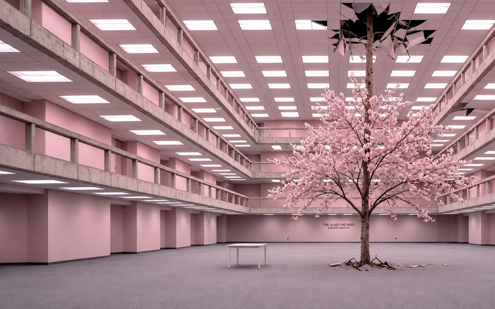 Atrio rosa con un árbol florecido que atraviesa el techo