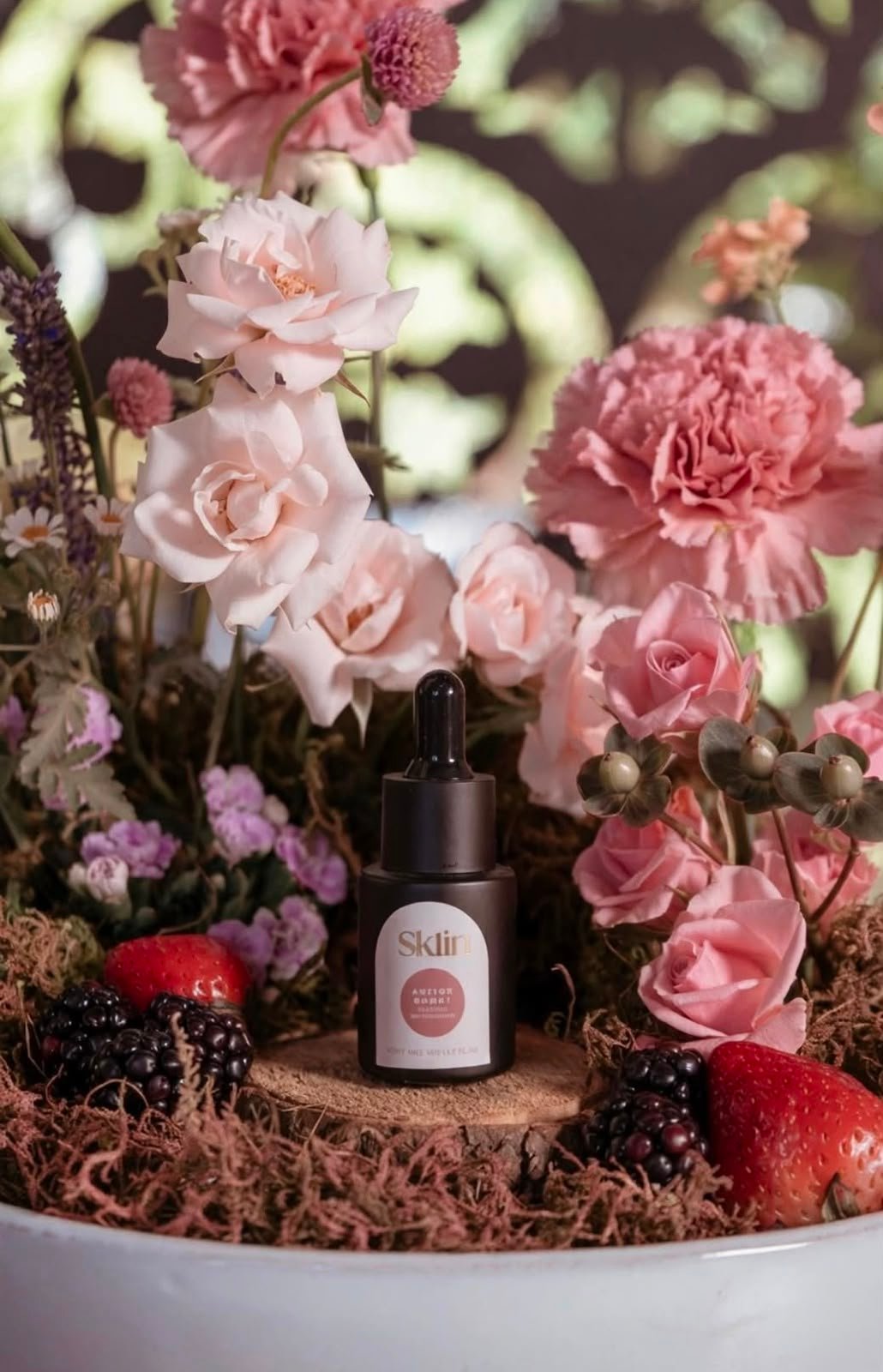 Botella de sérum SKLIN rodeada de flores y frutos